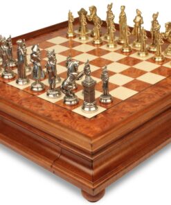 Jeu d'Échecs Napoléon - Échiquier en bois de Bruyère et Bois d'Orme avec tiroir & Pièces en métal