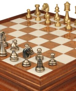 Jeu d'Échecs Perse - Échiquier en bois et Albâtre de Toscane avec tiroir & Pièces en laiton massif
